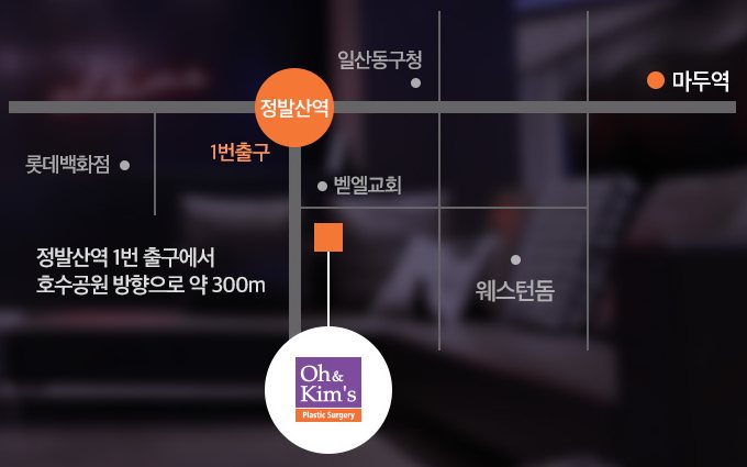 오킴스K성형외과 약도(정발산역 1번 출구에서 호수공원 방향 약 300m)